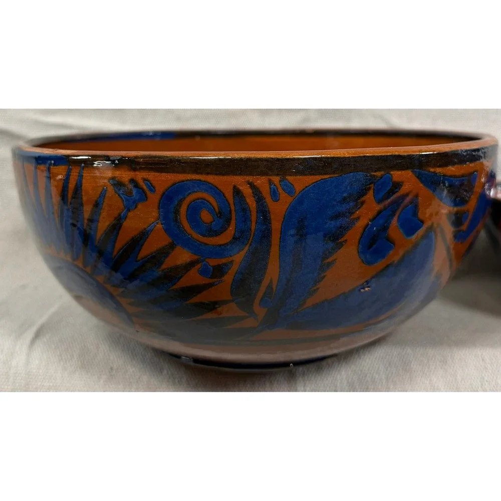 Vintage Handmade Mexican Tonala Pottery Nesting Bowls Set of 3 Terracotta Blue